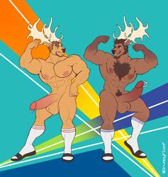 2020 abs abstract_background absurd_res anthro antlers balls barazoku beard biceps body_hair capreoline cervid chest_hair clothing duo erection facial_hair flexing footwear genital_piercing genitals grumpyfloof hair hi_res horn humanoid_genitalia humanoid_penis male mammal moose muscular muscular_anthro muscular_male navel nipples nude pecs penis penis_piercing piercing prince_albert_piercing pubes sandals smile socks standing