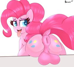 2021 absurd_res anus ass backsack balls bodily_fluids butt cutie_mark digital_media_(artwork) dock drooling earth_pony equid equine eyebrows feral friendship_is_magic furry futanari genitals hasbro hi_res horse looking_back mammal my_little_pony nozukznsfw open_mouth pink_tail pinkie_pie_(mlp) pony puffy_anus saliva simple_background solo tongue tongue_out white_background