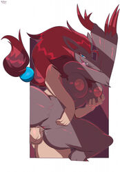 1boy 1girls 2020 anthro balls black_fur blue_eyes breast_grab breasts female furry interspecies large_breasts nipples penetration penis pokémon_(species) pokemon pokemon_(species) pokephilia pussy red_hair riipley straight vaginal_penetration zoroark