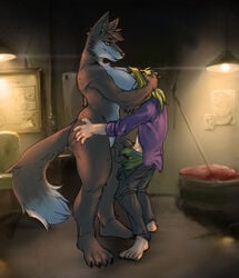 2017 anthro anthro_on_human ass barefoot big_breasts breast_smother breasts bulge butt_grab canine claws clothing digital_media_(artwork) dipstick_tail duo ear_piercing edit female fox fur grope hand_on_butt hand_on_head hi_res human human_on_anthro inner_ear_fluff inside interspecies larger_female male male/female mammal mature_female motorboating multicolored_fur multicolored_tail muscular muscular_female nude piercing size_difference smaller_male smile smothering thick_thighs toe_claws two_tone_fur tzarvolver undressing yellow_eyes