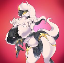 2020 absurd_res anthro anthrofied arceus ashraely ass big_breasts blush bodily_fluids breasts claws colored curvy_figure digital_drawing_(artwork) digital_media_(artwork) feathers female front_view genitals hi_res horn huge_breasts humanoid legendary_pokémon looking_at_viewer mammal nintendo nipples non-mammal_breasts pokémon_(species) pokémorph pokemon pussy raised_tail simple_background solo tail_feathers thick_thighs video_games voluptuous white_body wide_hips