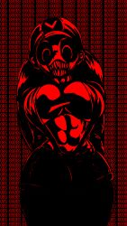 1girls abs background_text big_breasts breasts cleavage female female_focus female_only gojiron long_hair looking_at_viewer monochrome mr_virtual_(the_virtual_files) no_visible_nipples red_and_black_body red_and_black_hair red_text rule_63 scary scary_eyes scary_face sharp_teeth suspenders text