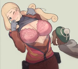 2girls airing_out big_breasts blonde_hair blue_eyes blush bra breasts brown_hair cleavage gloria_(pokemon) lingerie n_k_o nintendo npc_trainer one_eye_closed open_clothes open_shirt pokemon pokemon_ss ponytail sweat worker_(pokemon) worker_(pokemon_ss)