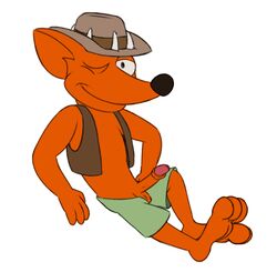 2019 anthro balls bottomwear canid canine canis clothed clothing dash_dingo dingo dragondenton erection furry genitals hat headgear headwear looking_at_viewer male male_only mammal one_eye_closed open_bottomwear open_clothing open_pants open_topwear open_vest orange_body orange_penis pants penis reclining retracted_foreskin shorts smile solo the_simpsons topwear vest wink