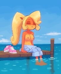 2018 anthro bandicoot barefoot blonde_hair breasts casual cleavage closed_eyes clothed clothing cloud coco_bandicoot crash_(series) denim edit female footwear hair kempferzero long_hair mammal marsupial navel nipples outside overalls partially_submerged pier seaside shoes sitting solo video_games water