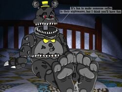 2018 3_toes 5_fingers ambiguous_gender animatronic anonymous anthro bald barefoot bed bed_covers bedding bedroom big_feet black_body black_ears black_feet black_nose bodily_fluids bow_tie canon_appearance claws closed_eyes clothing cum cum_on_penis dialogue dialogue_box duo english_text faceless_character faceless_male feet fingers five_nights_at_freddy's five_nights_at_freddy's_4 flaccid foot_fetish foot_focus furniture genital_fluids genitals grey_body grey_ears grey_feet grey_penis grey_sclera grey_skin half-closed_eyes hand_on_feet hand_on_foot hat headgear headwear humanoid humanoid_genitalia humanoid_on_anthro humanoid_penis inside looking_down machine male male/ambiguous male/male mammal micro multicolored_body multicolored_ears multicolored_feet narrowed_eyes nightmare_(fnaf) nude on_bed open_mouth pawpads paws penis precum raised_arm red_eyes robot sharp_claws sharp_teeth sitting size_difference smashcuenta123 stomach_mouth sweat sweaty_feet teeth text toes top_hat torn_body ursid video_games wire