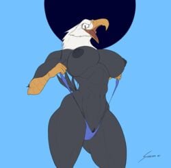 2021 abs accipitrid accipitriform anthro avian bald_eagle beak biceps big_breasts big_nipples bikini bird black_body blue_clothing blue_swimwear breasts cameltoe clitoral_hood clitoris clothed clothing deltoids eagle exposed_breasts feathers female genitals hi_res muscular muscular_anthro muscular_female naughty_face navel nipples non-mammal_breasts pose puffy_nipples sea_eagle shredded_wheat signature simple_background skimpy sling_bikini smile solo swimwear tail_feathers thick_thighs tongue wide_hips