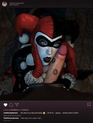 1girls 3d 3d_(artwork) batman:_arkham_knight batman_(series) big_penis black_lipstick blue_eyes bodysuit cheating cock_worship cuckold dc dc_comics erect_penis erection female female_focus glans harley_quinn harley_quinn_(arkham) harley_quinn_(arkham_knight) harley_quinn_(classic) huge_cock instagram kiss_mark lipstick lipstick_on_penis looking_at_viewer makeup penis penis_out phone pose posing rocksteady_studios social_media text wildynsfw