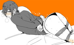 1boy arms_behind_back arms_tied arms_tied_behind_back ass_up blush bondage dilf facing_away femboy fuji0kayu legs_tied legs_together long_hair looking_at_viewer looking_back male_only milf-type_dilf nipples_visible_through_clothing on_bed on_stomach original panties pantless pantsless partially_clothed restrained rope rope_bondage solo_male sweat thong trap