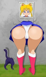 1girls ass bishoujo_senshi_sailor_moon blue_skirt boots cameltoe cleft_of_venus clothing female female_focus from_behind grass lastlevel legs lower_body luna_(sailor_moon) panties photo_(object) pleated_skirt sailor_moon skirt skirt_lift stuck stuck_in_wall thigh_gap thighs through_wall underwear upskirt usagi_tsukino wall