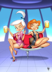 2d 2d_(artwork) 2girls alcohol alex_hiro artist_logo artist_name beer beer_mug big_breasts come_hither daughter female female_only hanna-barbera high_heels jane_jetson judy_jetson lingerie mother mother_and_daughter multiple_girls nipple_bulge orange_hair robe tagme the_jetsons white_hair wink winking winking_at_viewer