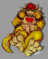 3_toes absurd_res anthro arm_hair body_hair bowser chest_tuft erection feet feet_up foot_focus hair hi_res jaycejostar jewelry koopa male male_only mario_(series) nintendo nipple_piercing nipples open_mouth piercing pubes red_eyes red_hair scalie shell signature solo spikes toes tuft video_games