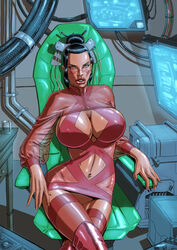 big_breasts big_lips bimbo black_hair breasts busty cleavage cleavage_cutout computer crossed_legs cybernetics cyberpunk cyborg dress erect_nipple erect_nipples facepaint female female_focus female_only fenris_comix going_commando hourglass_figure large_breasts lipstick long_fingernails long_hair makeup navel nipple_bulge nipples office orange_eyes pinup pinup_pose pose posing puffy_lips revealing_clothes see-through see-through_clothing short_dress sitting skimpy skimpy_clothes skimpy_dress solo stockings thigh_boots tied_hair transparent_clothing wide_hips