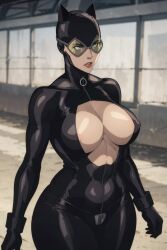 ai_generated batman:_hush batman_(series) big_breasts bodysuit breasts catwoman catwoman_(dcamu) cleavage clothed dc_comics dcamu dcuaom female female_only green_eyes lips lipstick mask open_shirt sanriocupcake solo