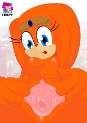 anthro blue_eyes clitoris crown echidna eyelashes female hair looking_down orange_body orange_hair pussy smile sonic_(series) spread_legs spread_pussy tempy tiara tikal_the_echidna tongue tongue_out touching_pussy urethra