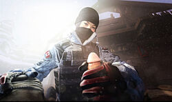 1boy 1girls 3d akatomasu asian asian_female bandana beanie black_hair blue_eyes clothed clothing cold depth_of_field echo_(rainbow_six) eye_contact face_covered female frost_(rainbow_six) glove gloved_handjob gloves hand_on_knee handjob hat highres light-skinned_female light-skinned_male light_skin looking_at_partner looking_at_viewer male mask masked military military_uniform mouth_covered pov pov_eye_contact rainbow_six rainbow_six_siege small_penis snow soldier source_filmmaker straight tom_clancy