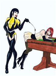 2girls black_hair bondage bound bound_to_table dc_comics female female_focus female_only gag gagged laurie_jupiter long_hair mother_and_daughter multiple_girls pool_table questionable_consent red_hair sally_jupiter silk_spectre skirt superheroine watchmen watchmen_(2009) white_background yuri