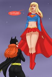 2girls ass barbara_gordon batgirl batman_(series) big_ass blonde_hair blue_eyes blush boots cape dc dc_comics embarrassed exhibitionism exposed exposed_pussy female flick gay_panic green_eyes lipstick long_blonde_hair looking_at_pussy midriff miniskirt multiple_girls no_panties pleated_skirt pussy pussy_awe red_hair red_skirt skirt supergirl superheroine superman_(series) surprised text uncensored upskirt