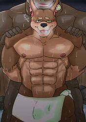 abs absurd_res anthro blush bovid bovine canid canine canis dobermann domestic_dog duo gyumao hi_res kira_kitira male male/male mammal muscular muscular_anthro muscular_male pecs pinscher size_difference tokyo_afterschool_summoners towel video_games xolotl