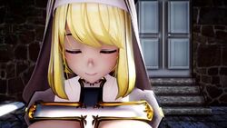 animated big_breasts big_nipples blonde_hair blue_eyes dancing deka_chichi_mmd huge_breasts inverted_nipples lactation long_nipples mmd nipple_erection nun sound video yellow_hair