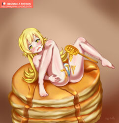 bakemonogatari blonde_hair blush breakfast commentary_request commission female female_only food honey kizumonogatari ladyendsm long_hair monogatari_(series) oshino_shinobu pancake panties patreon surprised tagme yellow_hair young