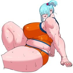 1girls bangs bbw belly bent_leg big_breasts blue_hair breasts breasts_bigger_than_head chubby chubby_female curvy cyclops elf-san_wa_yaserarenai female female_only hair_between_eyes hair_covering_eyes hair_over_eyes highres hitome huge_breasts humanoid leaning_on_hands light-skinned_female light_skin pointy_ears short_hair sitting solo solo_female sportswear sweat synecdoche thick_thighs tied_hair voluptuous white_background wide_hips