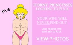 1girls advertisement animated blonde_hair breasts earrings english_text female female_only guguz looking_at_viewer mario_(series) navel nintendo nude panties pink_background pink_lipstick ponytail princess_peach scrabble007 solo solo_female standing text thong tied_hair topless underwear