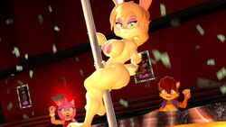 3d 3girls amy_rose anthro blonde_hair breasts brown_body buckteeth bunnie_rabbot dancing dollar dollar_bills female group hair hedgehog mammal money nackey nipples pink_body pole rabbit red_hair sally_acorn sonic_(series) stripper_pole tan_body