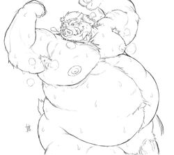 2021 anthro armpit_hair belly bodily_fluids body_hair furry genitals hi_res kemono male mammal monochrome moobs musk navel nipples overweight overweight_anthro overweight_male penis pochizizi simple_background sketch solo suid suina sus_(pig) sweat white_background wild_boar