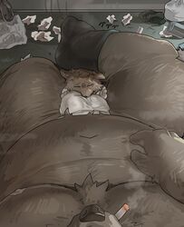 2021 anthro asian_clothing belly brown_body brown_fur bulge canid canine canis closed_eyes clothing detailed_background domestic_dog duo east_asian_clothing fundoshi fur hi_res iwbsb_kuma japanese_clothing kemono lying male mammal musk overweight overweight_male smelly smoking underwear