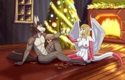 absurd_res after_sex anthro ascord ass beverage bodily_fluids breasts canid canine canis christmas clothing comic cum dragon dreyk-daro duo female fur genital_fluids gift hi_res holidays legwear male male/female mammal nipples paws plant ribbons scalie stockings tea tree wings wolf