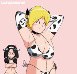 2girls angry animated armpits arms_behind_back arms_behind_head arms_up big_breasts black_hair blonde_hair bouncing_breasts breasts clothing cow_print dragon_ball dragon_ball_z erasa fat_ass female female_only guguz happy jealous multiple_girls scrabble007 short_hair shounen_jump videl