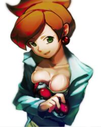 1girls aurea_juniper bad_censor breasts brown_hair censored cleavage covered_nipples covering earrings female female_only green_eyes holding_object jewelry kojijima mature_female milf nintendo poke_ball pokemon pokemon_bw pokemon_professor red_earrings solo updo