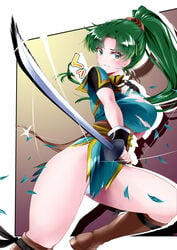 1girls anesaki bare_legs distress earrings fire_emblem fire_emblem:_the_blazing_blade green_eyes green_hair japanese_text large_breasts long_hair looking_at_viewer lyn_(fire_emblem) nintendo panties pantyshot pelvic_curtain ponytail solo solo_female sword text torn_clothes translation_request weapon white_panties yuanei