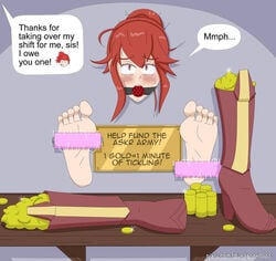 anna_(fire_emblem) anna_(fire_emblem_awakening) ball_gag bondage boots boots_removed dialogue dual_persona dungeonkappa english_text feet fire_emblem fire_emblem_awakening foot_focus gag nintendo red_hair stuck_in_wall text tickle_fetish tickle_machine tickle_torture tickling torture wall