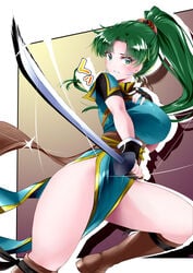 1girls anesaki bare_legs distress earrings fire_emblem fire_emblem:_the_blazing_blade green_eyes green_hair japanese_text large_breasts long_hair looking_at_viewer lyn_(fire_emblem) nintendo pelvic_curtain ponytail solo solo_female sword text translation_request weapon yuanei