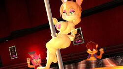 3d 3girls amy_rose anthro blonde_hair breasts brown_body buckteeth bunnie_rabbot dancing dollar dollar_bills female group hair hedgehog mammal money nackey nipples pink_body pole rabbit red_hair sally_acorn sonic_(series) stripper_pole tan_body