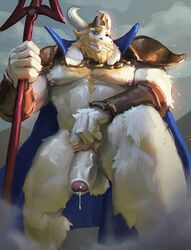 anthro asgore_dreemurr balls bara beard blonde_hair bodily_fluids body_hair bovid cape caprine chest_hair clothing crown drawller facial_hair foreskin fur genital_fluids genitals goat hair hi_res horn humanoid_genitalia humanoid_penis looking_at_viewer looking_down male male_only mammal melee_weapon muscular muscular_anthro muscular_male nipples penis polearm precum shoulder_pads solo trident uncut undertale video_games weapon white_body white_fur