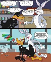 anal anal_penetration anal_sex anatid anseriform anthro ass audience avian balls benjibat bird bodily_fluids border brainwashing buckteeth bugs_bunny clothing comic crossed_arms cum cum_while_penetrated daffy_duck duck duo english_text feathers feet fur furniture gay genital_fluids genitals gloves group half-closed_eyes handwear hi_res hypnosis instant_loss_2koma kneeling lagomorph leporid looney_tunes male male/male mammal mind_control narrowed_eyes nude office orgasm penis performance rabbit soft_feathers spiral_eyes table technology teeth text thrusting_into_ass warner_brothers whiskers white_border