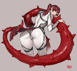 2d alternate_costume arm_support ass bent_over big_ass blood bodysuit cameltoe female knife leaning_forward lipstick loincloth looking_at_viewer looking_back mortal_kombat mortal_kombat_11 netherrealm_studios ozkh ozkh6 pinup ponytail presenting presenting_ass red_eyes red_hair red_lipstick simple_background skarlet skarlet_(mk11) skin_tight skintight smile smiling solo solo_female solo_focus tentacle thighs thorns white_clothing