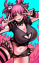 2020 big_breasts blue_background blush bracelet breasts clothing collar color commission commission_art fit flames large_breasts lemudesu one_eye_closed panties pink_eyes pink_hair pinup simple_background solo solo_female solo_focus teeth tongue tongue_out v