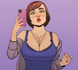 1girls brown_hair castledolphyn cleavage freckles green_eyes large_breasts lips milf original pursed_lips selfie short_hair smartphone solo tank_top upper_body wrinkles