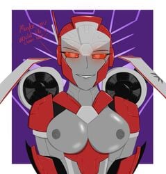 alien alien_girl big_breasts breasts busty cybertronian female grey_body grey_nipples grey_skin hasbro looking_at_viewer machine mechanical nipples perizukois red_eyes robot robot_girl shatter shatter_(transformers) text transformers wings