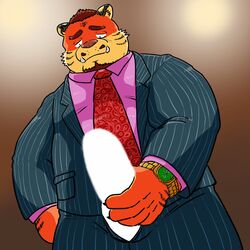 1:1 2021 anthro balls bottomwear censored ch_ia_ki clothing erection felid furry genitals hi_res humanoid_hands kemono male male_only mammal necktie pantherine pants penis shirt slightly_chubby solo tiger topwear