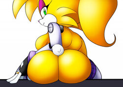 anthro ass big_butt blonde_hair breasts bubble_butt bunnie_rabbot butt_focus cybernetics cyborg eyeshadow green_eyes hair lagomorph looking_back machine makeup mammal rabbit raccoonshinobi rear_view robotic_arm robotic_legs shortstack side_boob simple_background sitting smile sonic_(series) white_background