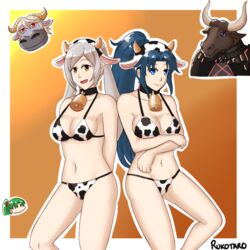 alternate_costume animal_crossing bell blue_eyes blue_hair breasts byleth_(fire_emblem) byleth_(fire_emblem)_(male) cleavage corrin_(fire_emblem) corrin_(male)_(fire_emblem) cow_girl cow_print fire_emblem fire_emblem:_new_mystery_of_the_emblem fire_emblem:_the_blazing_blade fire_emblem:_three_houses fire_emblem_awakening fire_emblem_fates kris_(female)_(fire_emblem) kris_(fire_emblem) large_breasts long_hair looking_at_viewer lyn_(fire_emblem) lyndis_(fire_emblem) navel nintendo ponytail robin_(fire_emblem) robin_(fire_emblem)_(female) rukotaro silver_hair simple_background smile t-bone_(animal_crossing) twintails year_of_the_ox yellow_eyes