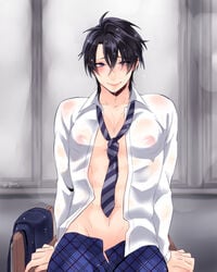 1boy big_nipples black_hair blue_eyes blush coy erect_nipples facing_viewer leaning_back looking_at_viewer looking_through_hair makishima_reiji male_only mole mole_under_eyes muscular muscular_femboy nipples_visible_through_clothing on_desk open_pants open_shirt partially_clothed pecs public public_exposure puffy_nipples rain school school_uniform see-through_clothing see-through_shirt sissy smile solo_male toned toned_male transparent_clothing wet wet_clothes wet_hair yarimesu