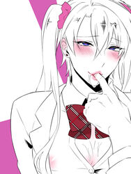 1boy blush clothed crossdressing drooling earrings excessive_saliva femboy finger_in_mouth finger_sucking heart-shaped_pupils horny long_hair looking_at_viewer makishima_reiji male_only muscular muscular_femboy nipples_visible_through_clothing open_shirt pink_lipstick puffy_nipples saliva saliva_drip saliva_on_chest saliva_string saliva_trail school_uniform sissy sucking_fingers tokimachi_eisei trap twintails yarimesu