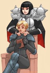 2girls adepta_sororitas adeptus_arbites black_cape black_hair blonde_hair blue_armor brunette cape female female_focus female_only flick grey_armor imperium_of_man implied_yuri kissable_lips massage pinkie_out power_armor red_cape relaxed relaxed_expression relaxing short_hair sister_of_battle skin_tight skin_tight_outfit skin_tight_suit skintight skintight_bodysuit skintight_clothes skintight_clothing skintight_suit skull smiling tablet warhammer_(franchise) warhammer_40k wholesome yuri