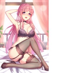 black_bra black_panties bra girlgame hentai_girl_(game) long_hair panties pink_hair purple_eyes stockings underwear